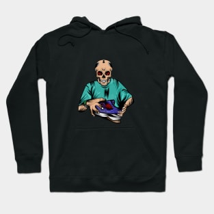 vector image with a person with a skull head holding a shoe Hoodie